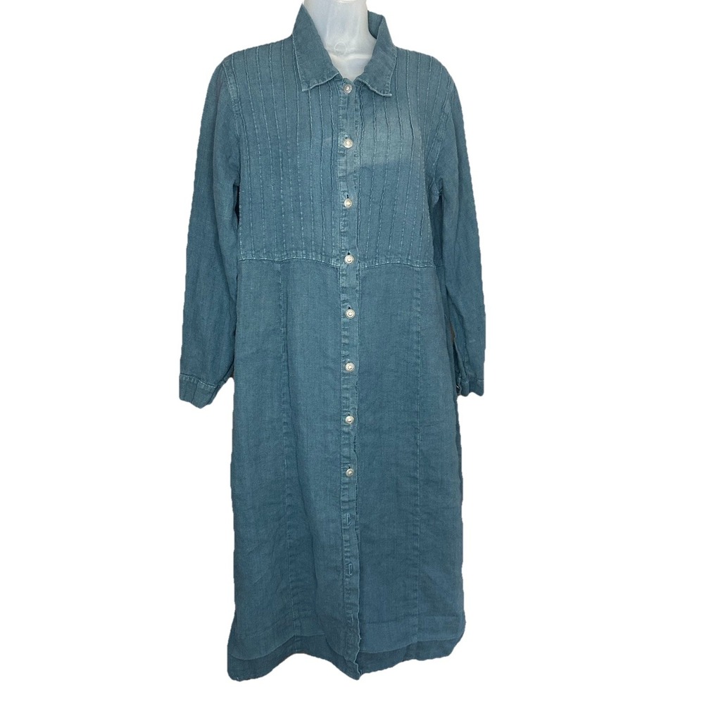 Focus USA Midi Shirtdress Sz Medium‎ Blue Pintuck Lagenlook Modest Western Faded